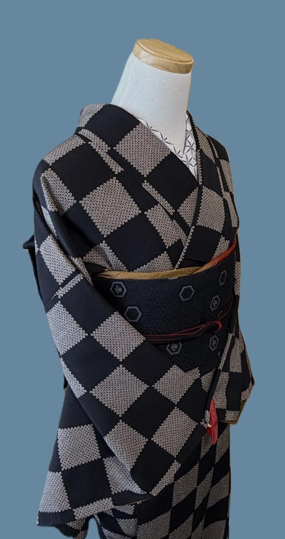 専用:着物５　嵐山よしむら　市松柄袷着物　こげ茶　正絹　身丈１６８裄丈６８