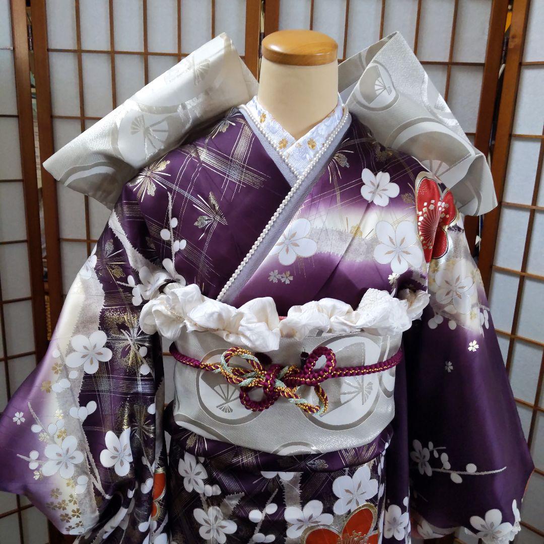 463紫　華やか 古典柄　金彩 正絹振袖6点フルセット成人式卒業式謝恩会結婚式