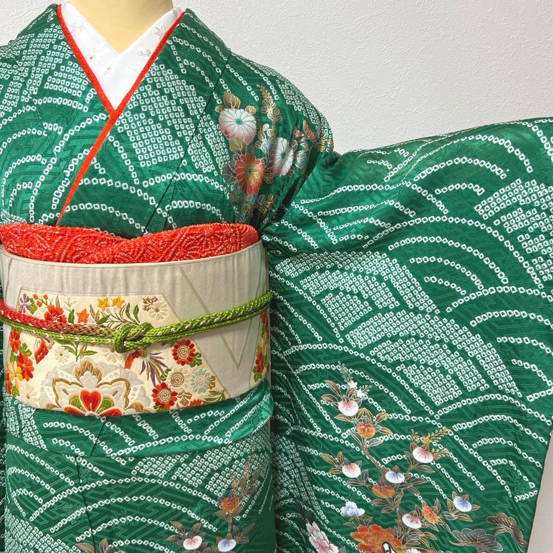369 振袖フルセット 正絹 緑 橙 グリーン 絞り 金銀彩 古典 レトロ 長身