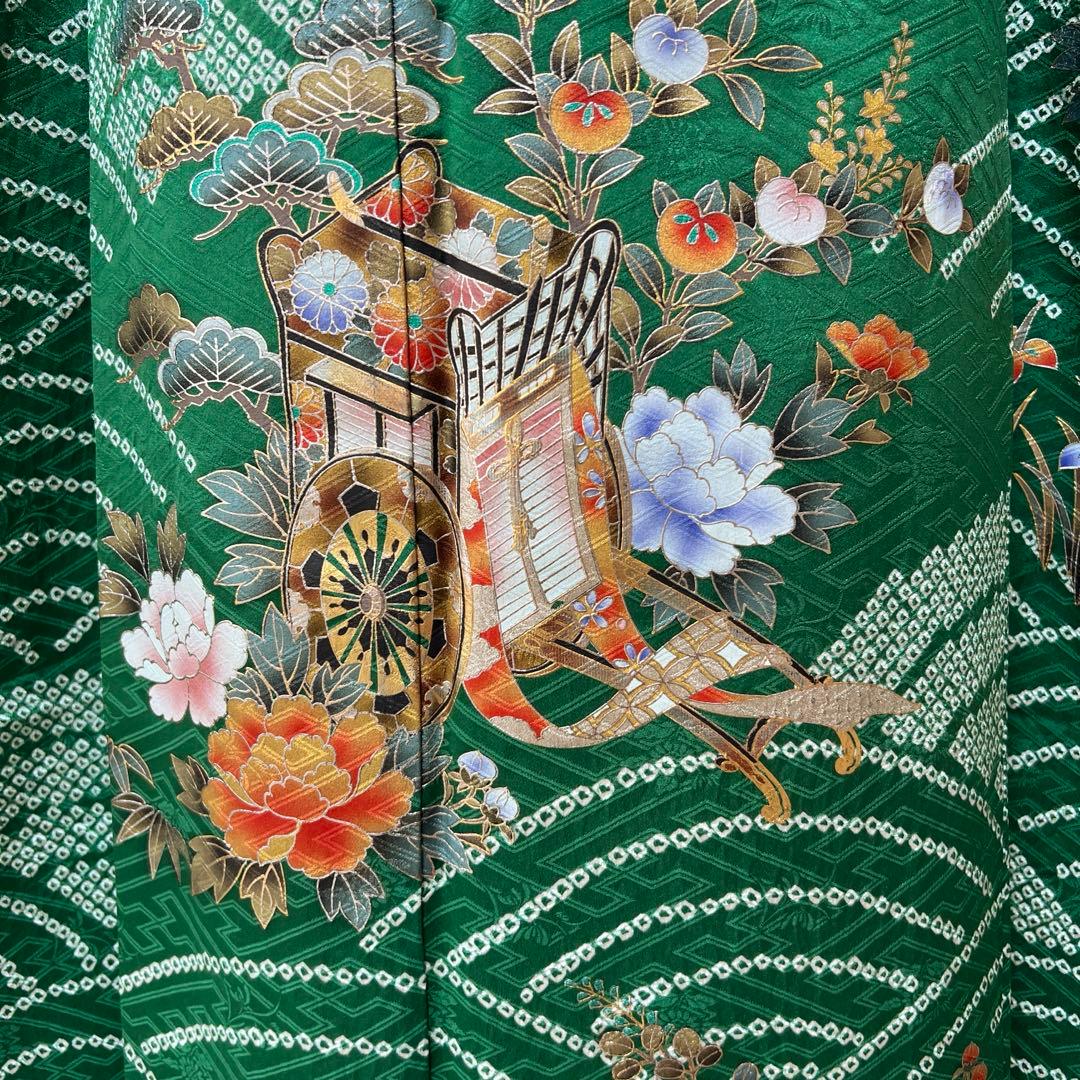 369 振袖フルセット 正絹 緑 橙 グリーン 絞り 金銀彩 古典 レトロ 長身