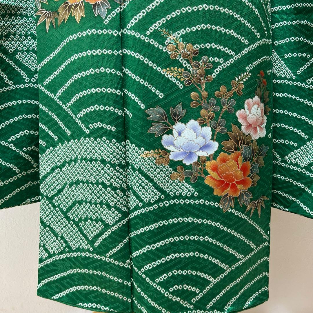 369 振袖フルセット 正絹 緑 橙 グリーン 絞り 金銀彩 古典 レトロ 長身