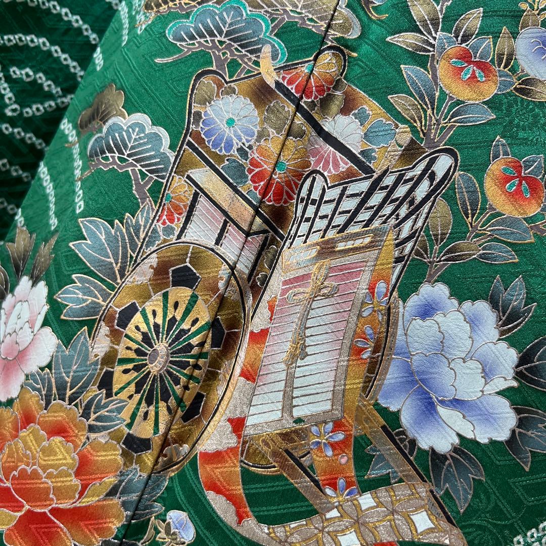 369 振袖フルセット 正絹 緑 橙 グリーン 絞り 金銀彩 古典 レトロ 長身