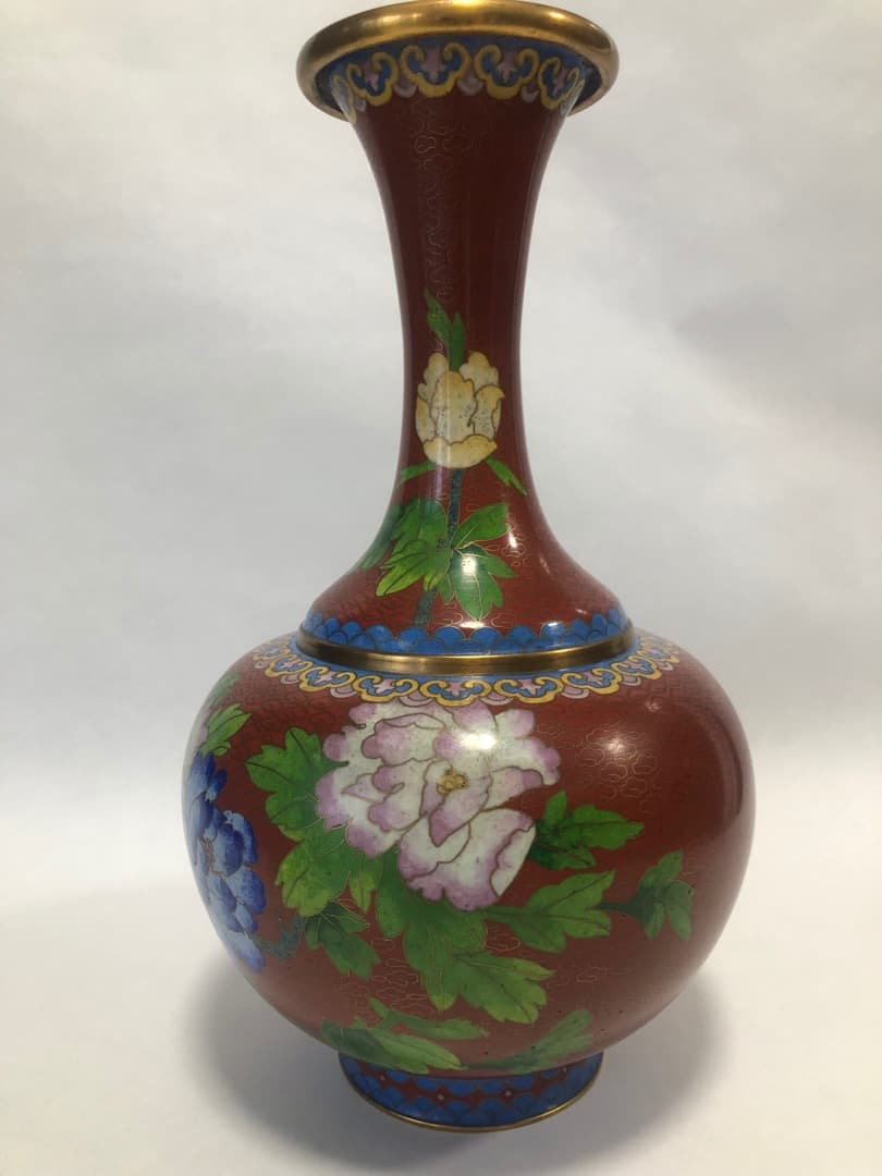 中国美術　七宝焼　琺瑯彩絵花瓶　高さ31cm 　台付　美品
