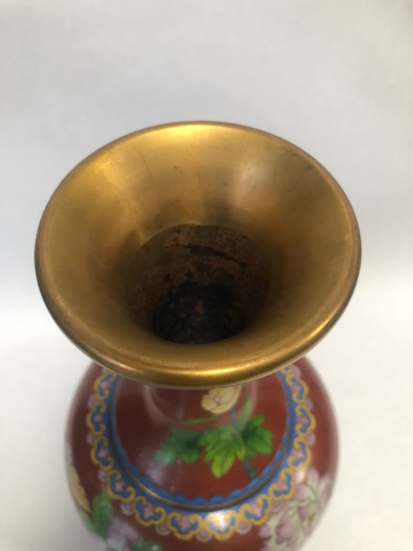 中国美術　七宝焼　琺瑯彩絵花瓶　高さ31cm 　台付　美品