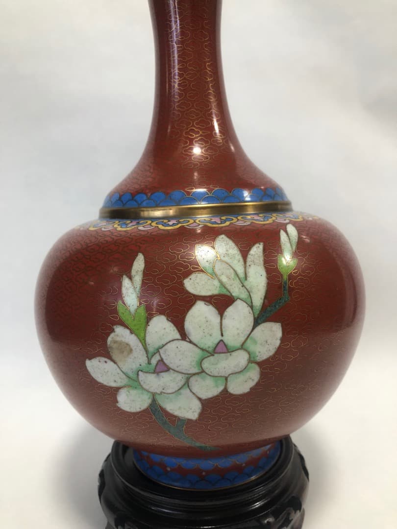 中国美術　七宝焼　琺瑯彩絵花瓶　高さ31cm 　台付　美品