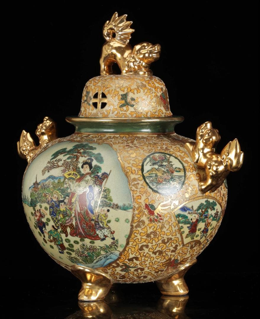 薩摩焼 金襴手色絵金彩 着物美人唐子風景窓絵付 獅子耳大香炉 高さ44cm