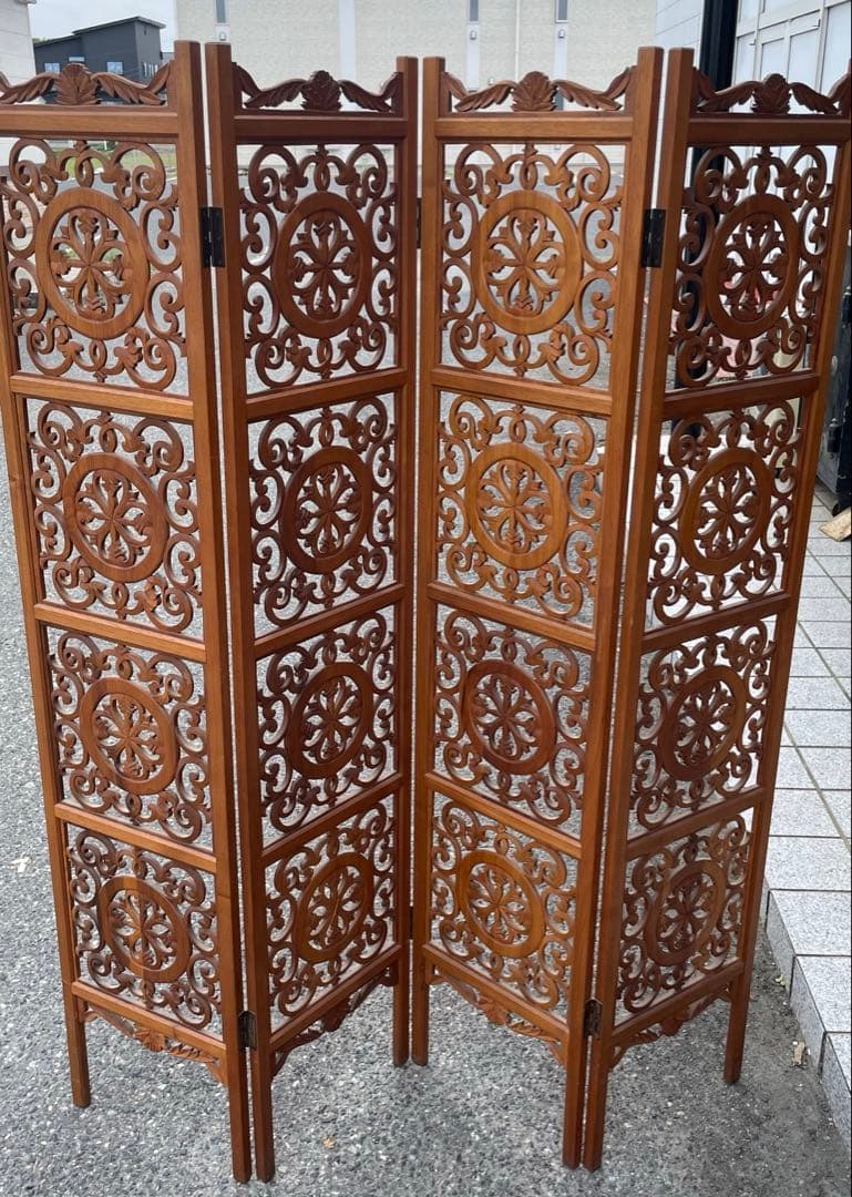 希少 アンティーク木製　 衝立　折りたたみ式　4連　アンティーク　透し彫り