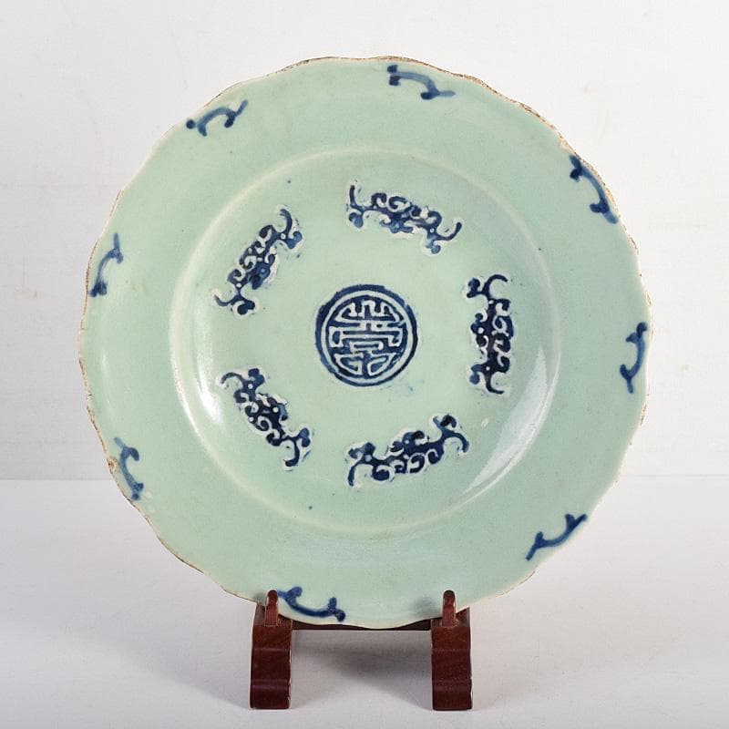 中国　成化年製　新渡　青磁　染付　輪花盤　皿　V　R8785