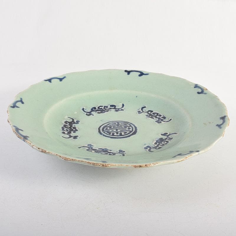 中国　成化年製　新渡　青磁　染付　輪花盤　皿　V　R8785