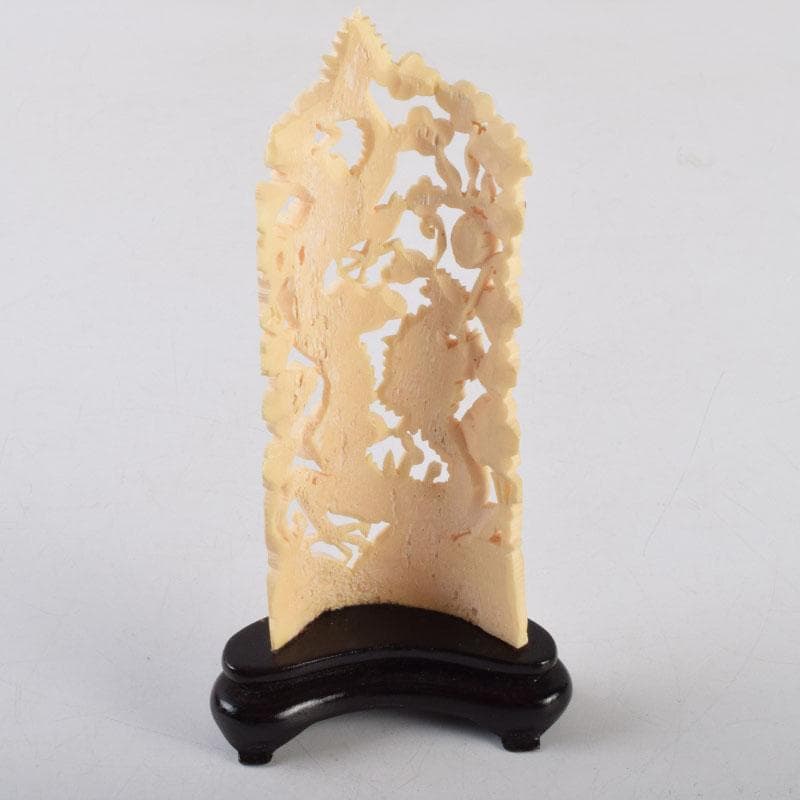 中国　獣骨製　雲龍透かし彫　硯屏　置物　唐木台付　N　9110