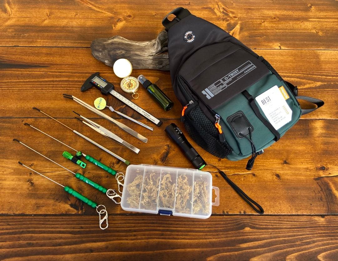 クワガタ採集セット　オリジナル掻き出し棒　デジタルノギス　懐中電灯　採集ケース