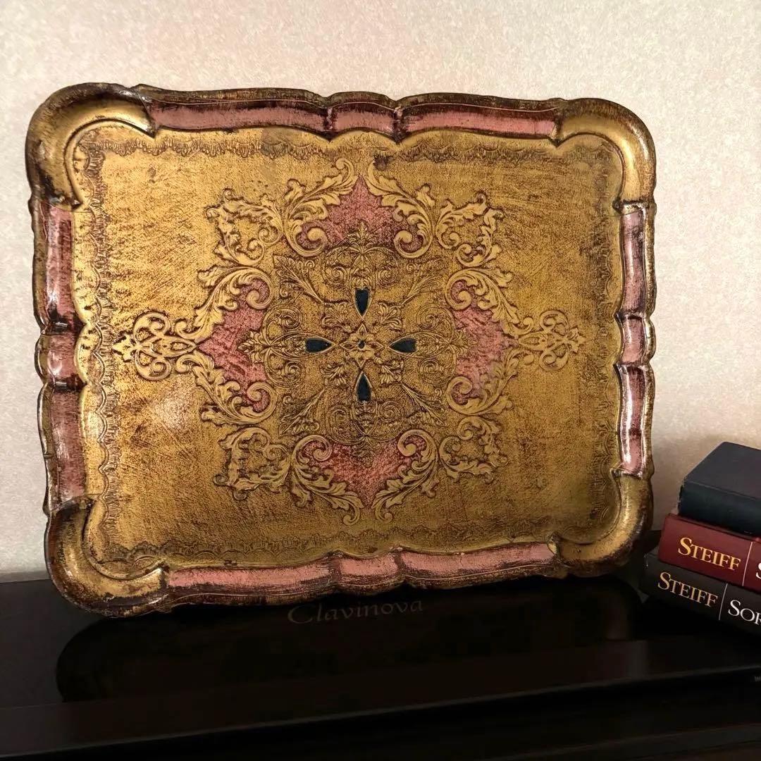 【特大サイズ】イタリア製 ヴィンテージ 木製 トレイ インテリア デスク ピンク