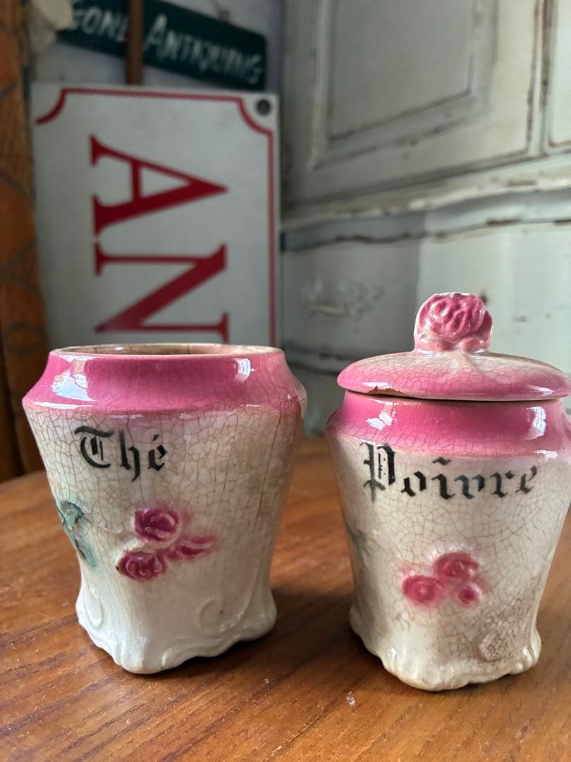 フランス　アンティーク　陶器　キャニスター　バルボティーヌ　ローズ　ピンクCレア