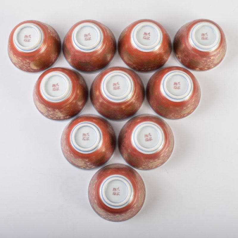 九谷焼　九谷陶源製　金襴手　花草文　煎茶碗　十客　共箱　C　9026