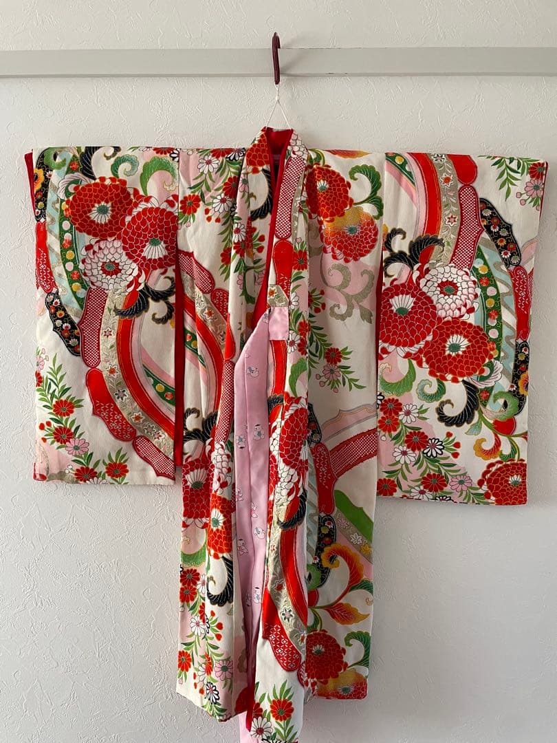 七五三　３歳　アンティークお着物　ハンドメイド　総絞りの被布コーデセット