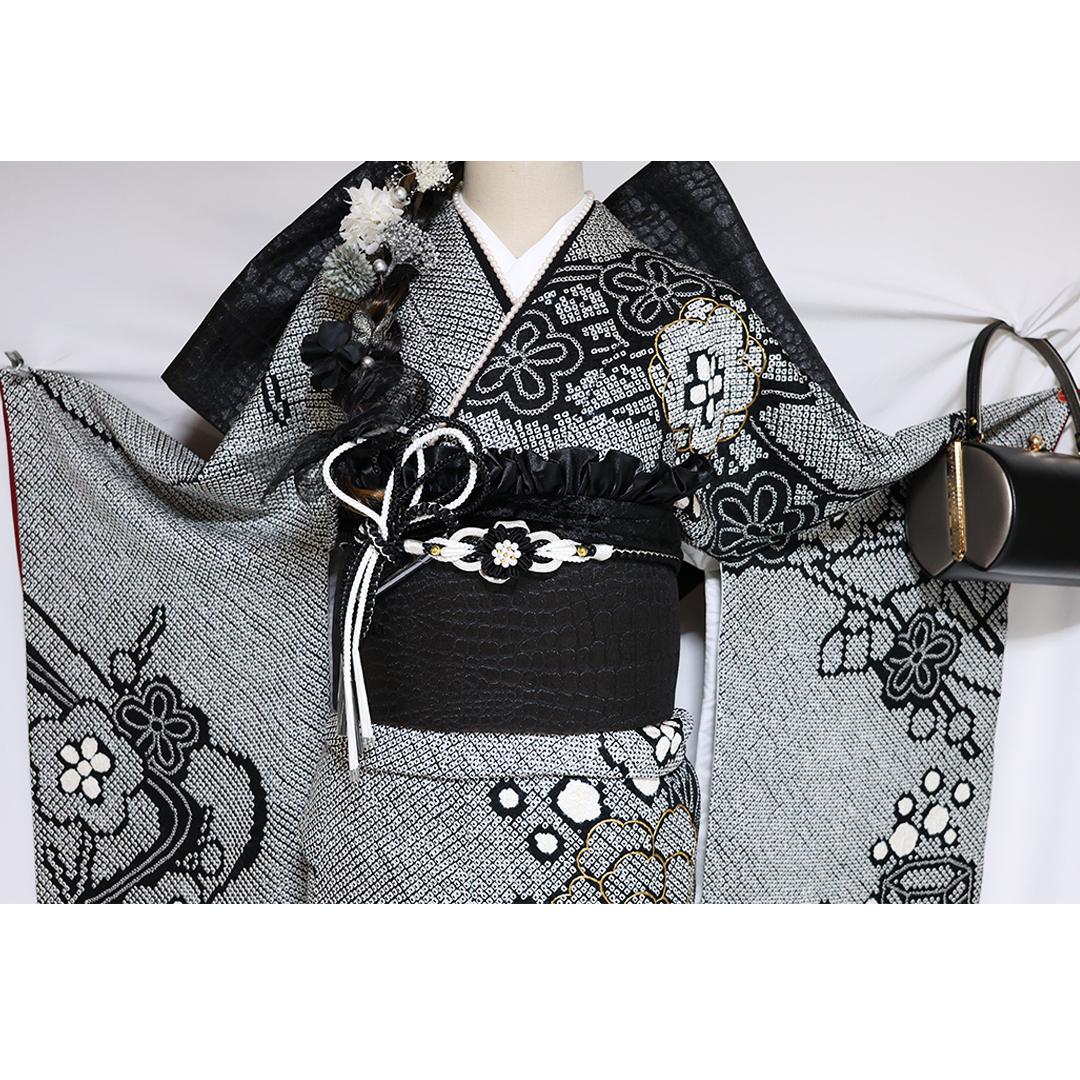 【良好】豪華総絞り振袖8点セット◆164cm帯小物付フルセット黒白正絹Ub41