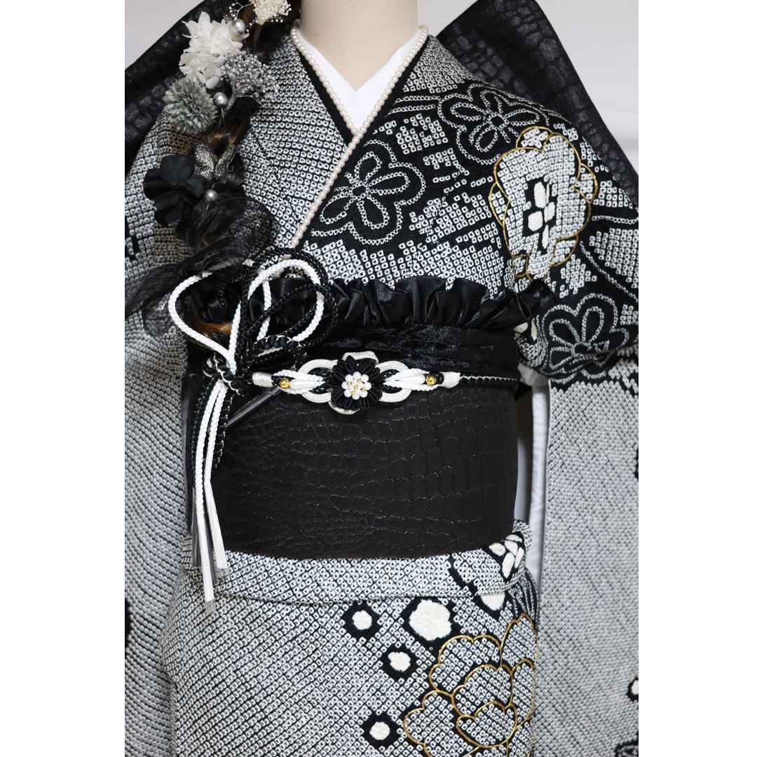 【良好】豪華総絞り振袖8点セット◆164cm帯小物付フルセット黒白正絹Ub41