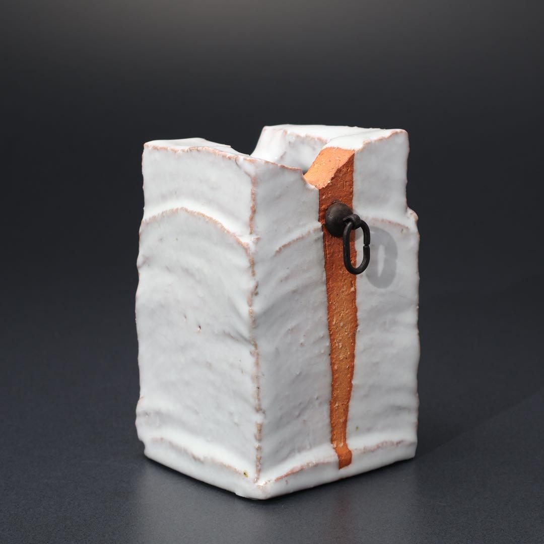 【茶道具】白釉掛分掛花入　萩焼　大和保男　共箱　白　R1561ダN3