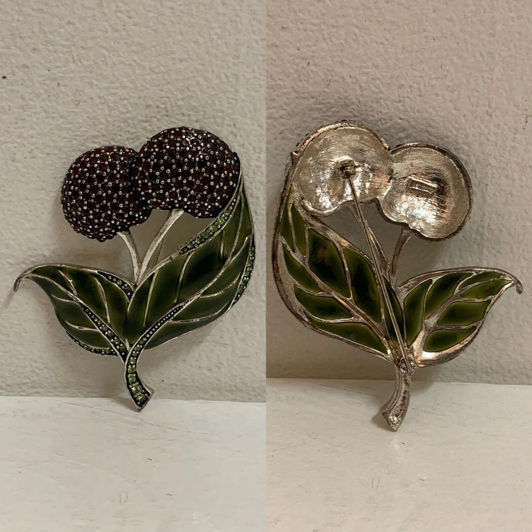 MONET VINTAGE チェリー リーフモチーフ ストーン装飾 ピンブローチ