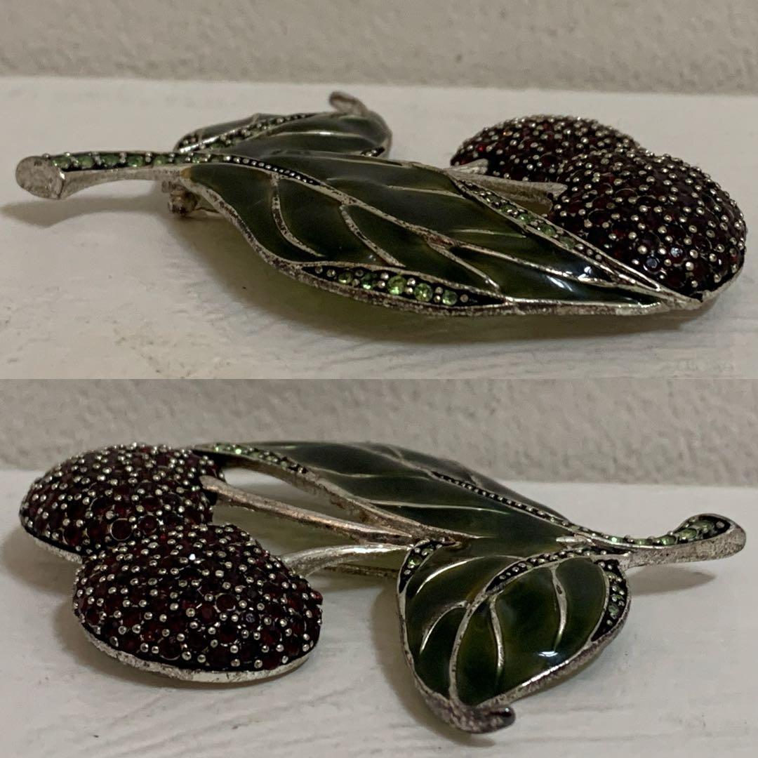 MONET VINTAGE チェリー リーフモチーフ ストーン装飾 ピンブローチ