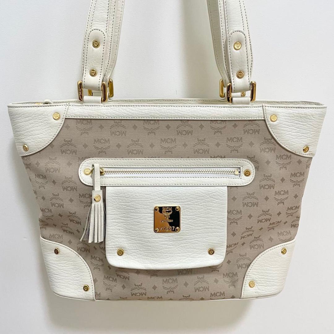 MCM ハンドバッグ 総柄 レディース ロゴ 白 ホワイト ベージュ 美品 中古