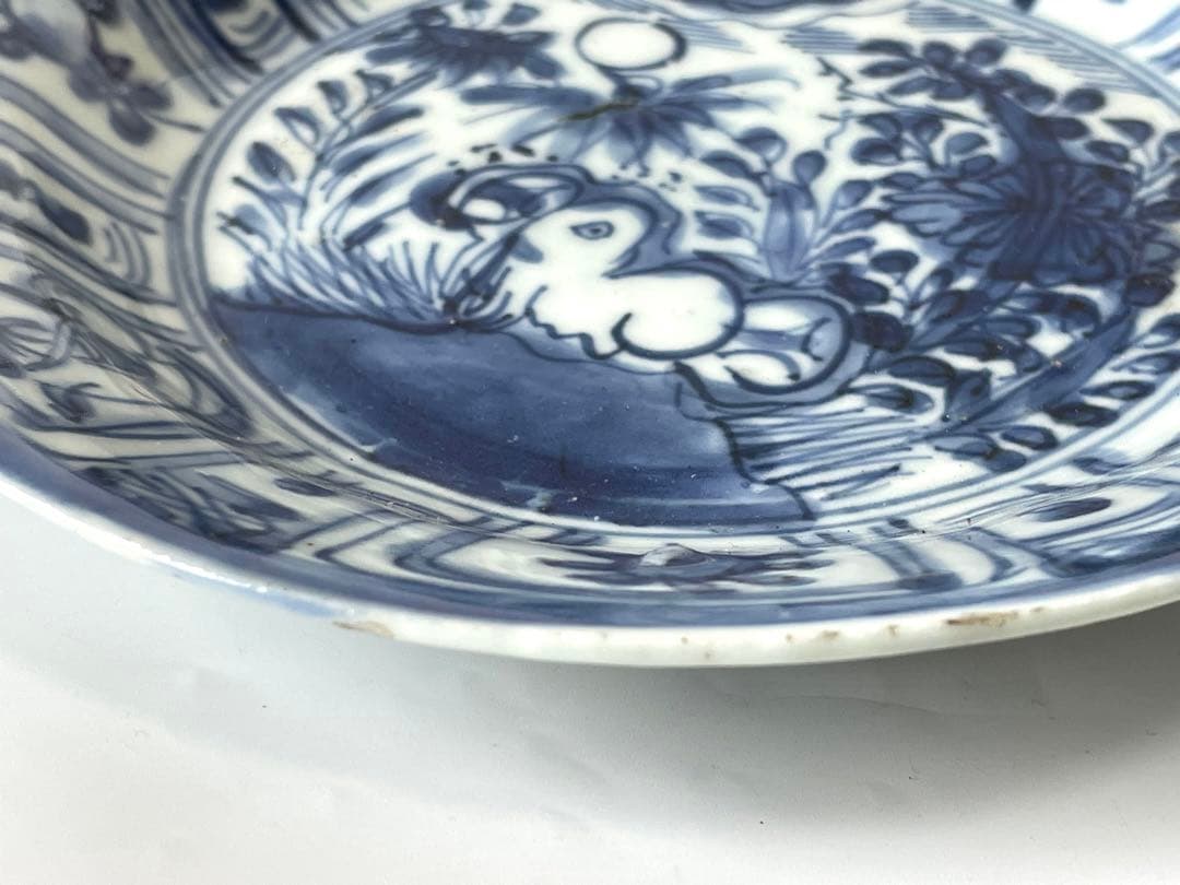 骨董　アンティーク　染付　古染付　芙蓉手　月 うさぎ　兎　七寸皿