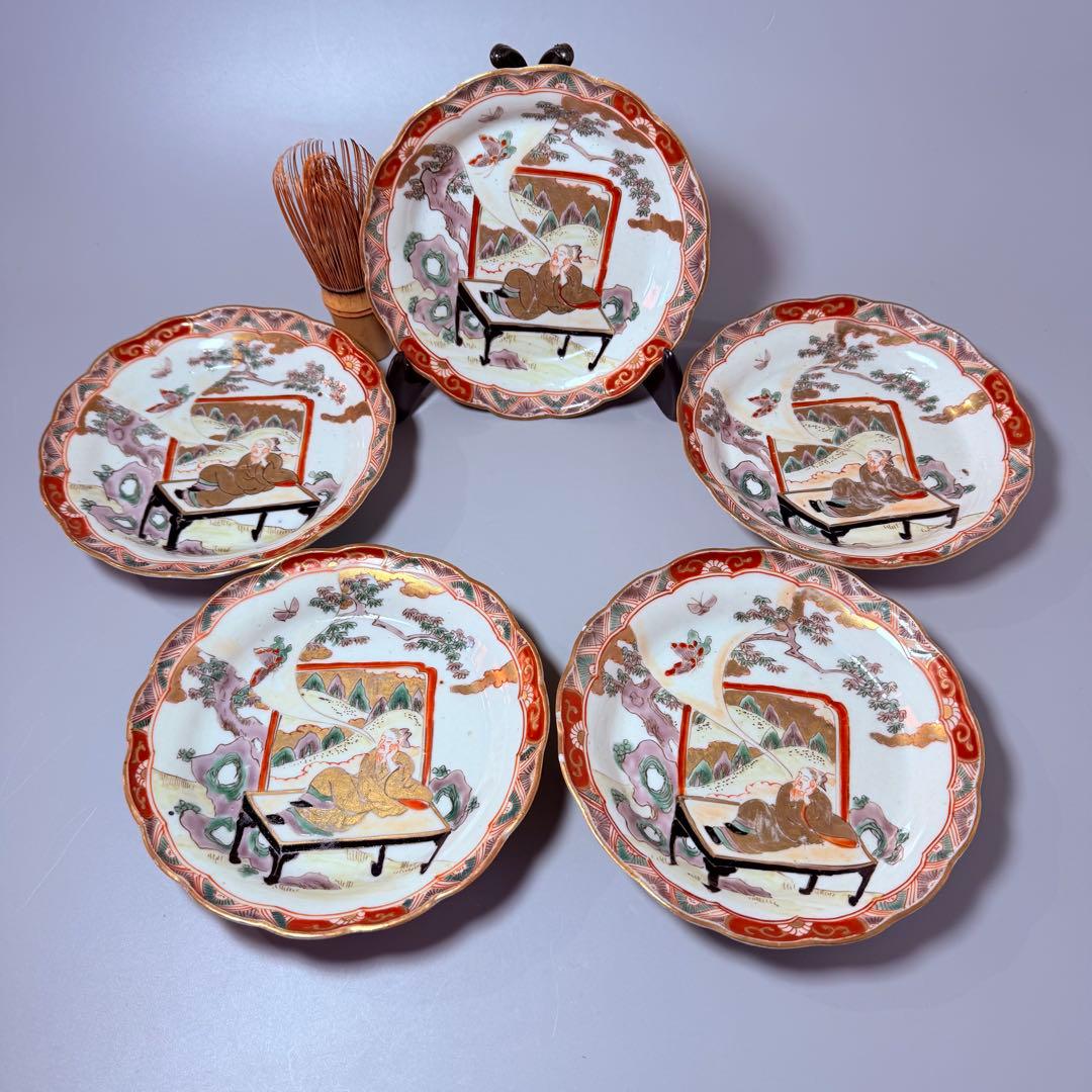 古伊万里　色絵金襴手賢人図輪花皿　5枚　直径15.6㎝　取り皿　幕末～明治期
