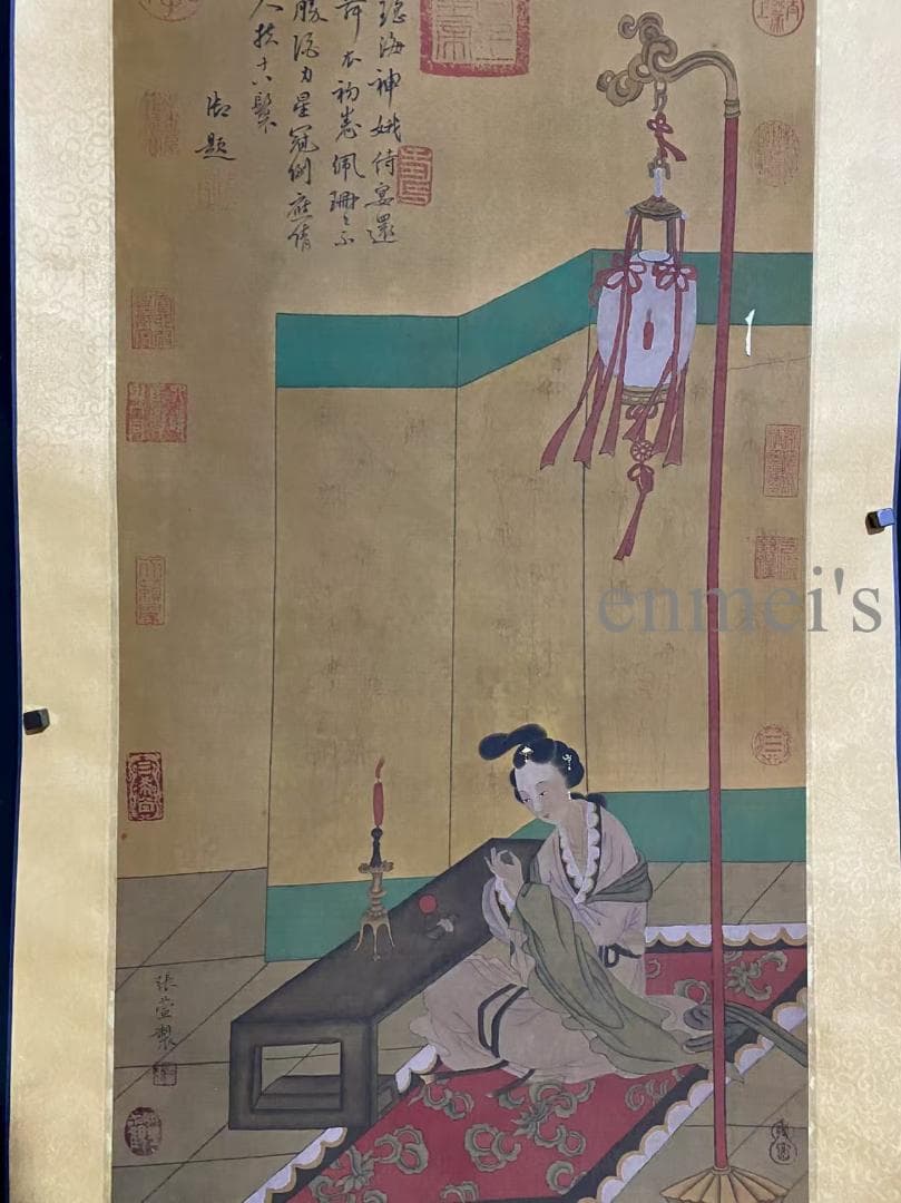 中国古美術 唐代 張萱款 青と金色の女性と提灯の掛軸 絹布 唐物 書画 水彩画