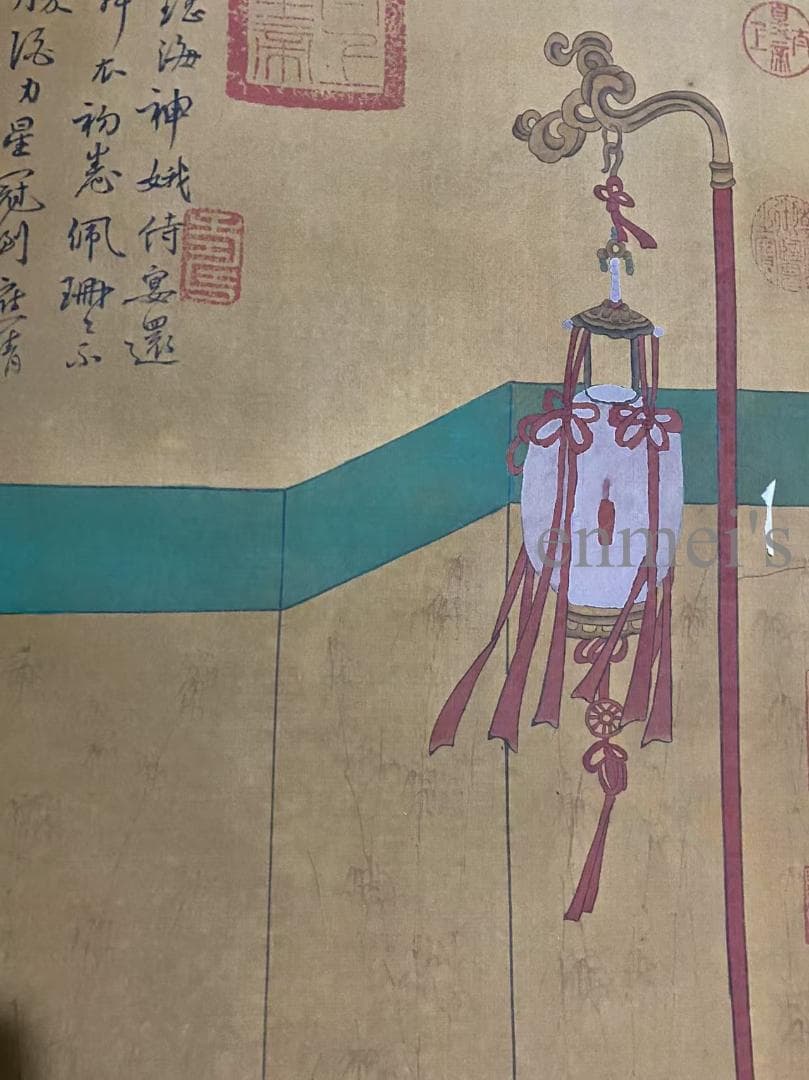 中国古美術 唐代 張萱款 青と金色の女性と提灯の掛軸 絹布 唐物 書画 水彩画