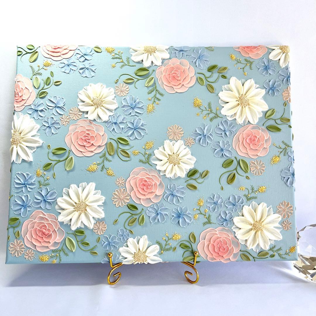 テクスチャーアート　絵画　インテリアアート　立体　花　絵　ミモザ　北欧