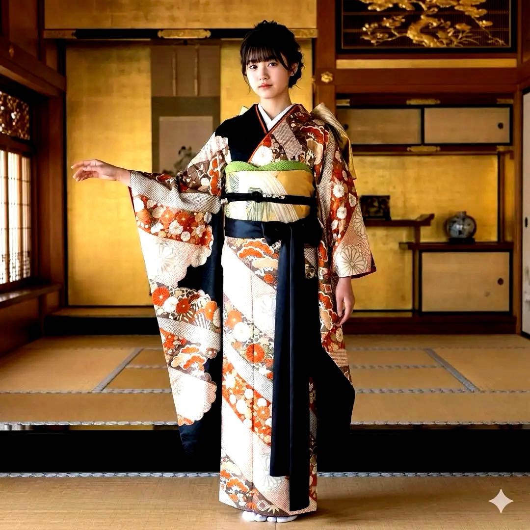 振袖フルセット　高身長　紋意匠　手描き友禅　成人式振袖　振袖　裄丈68 黒