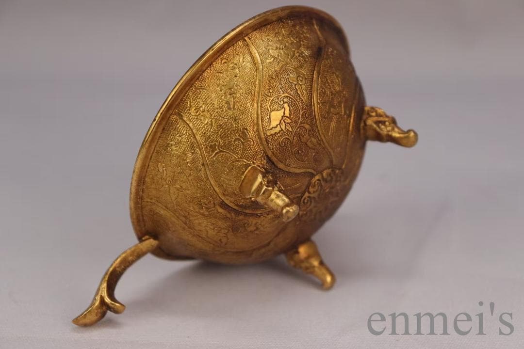 中国古美術 旧蔵清代 鍍金銅三足酒杯 精銅製 純手作り 小型酒器 骨董品 酒具
