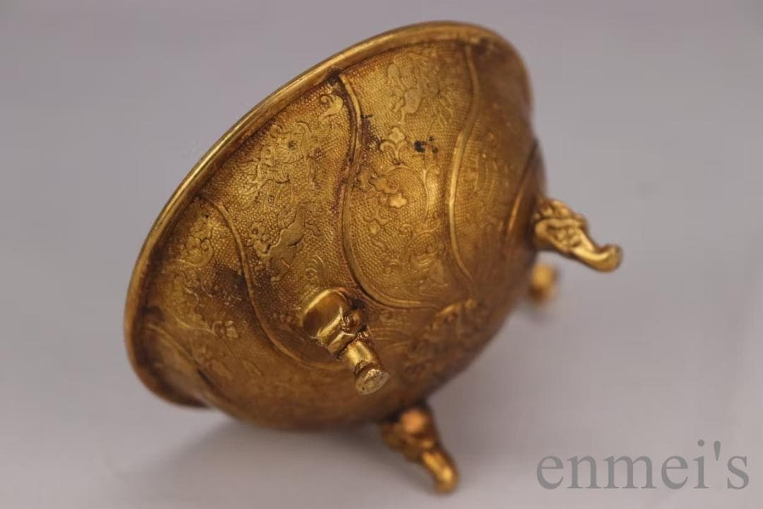 中国古美術 旧蔵清代 鍍金銅三足酒杯 精銅製 純手作り 小型酒器 骨董品 酒具