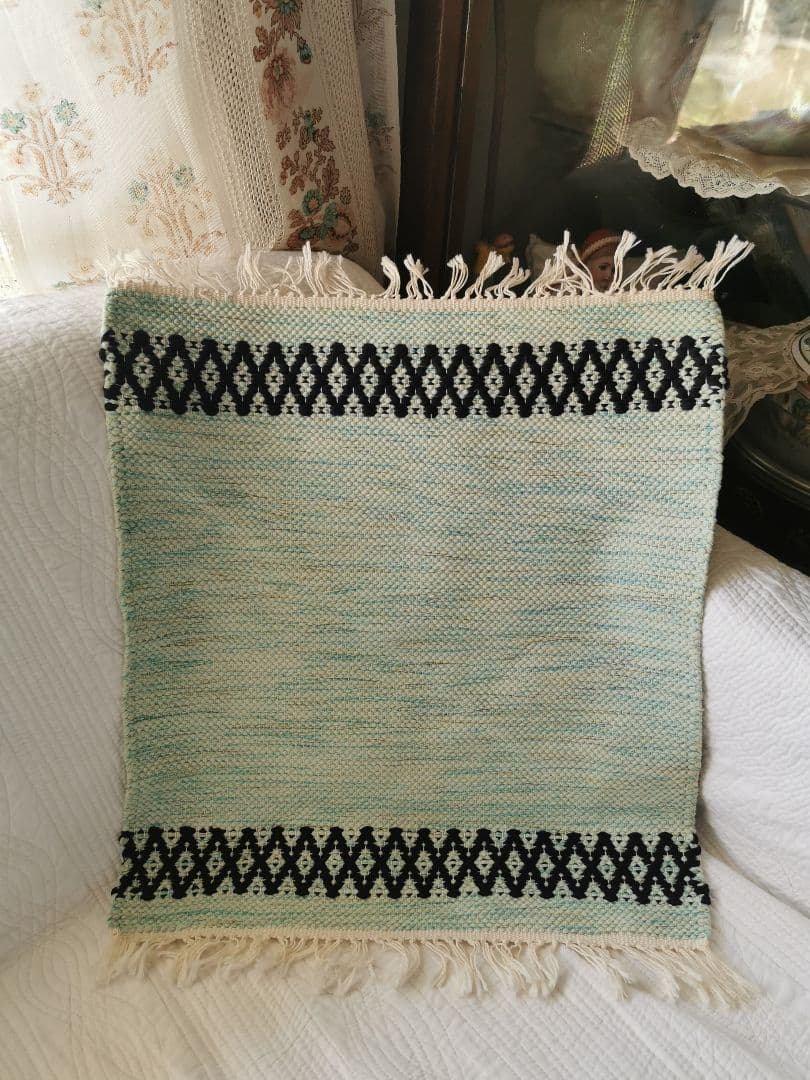 ヴィンテージ/アンティーク ポーランド 手織りフリンジ付き美しい水色タペストリー