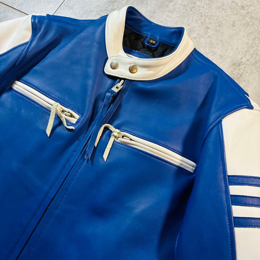 未使用級 美品 FREEDOM レザージャケット 36 ブルー×ホワイト 本革