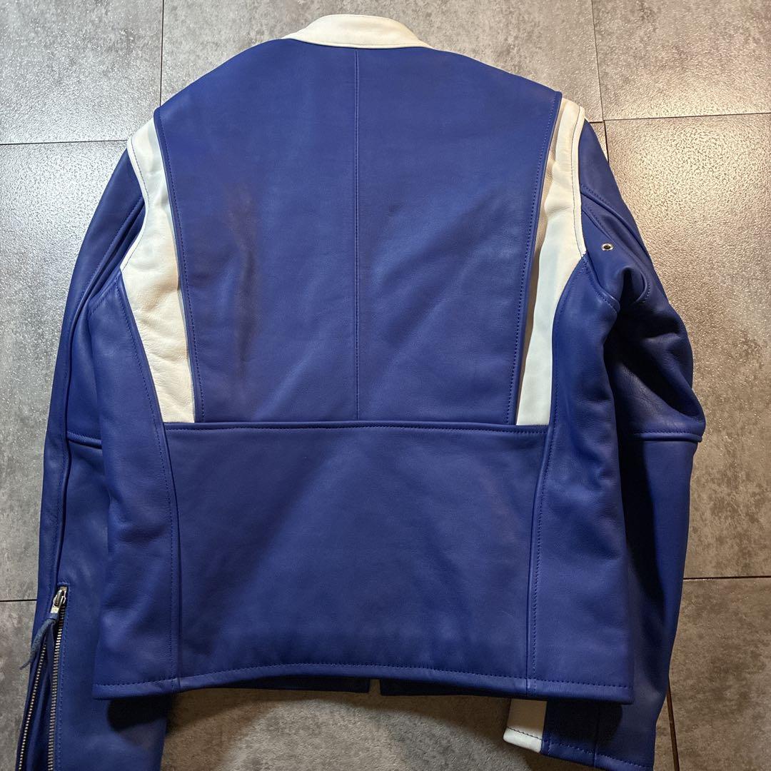 未使用級 美品 FREEDOM レザージャケット 36 ブルー×ホワイト 本革