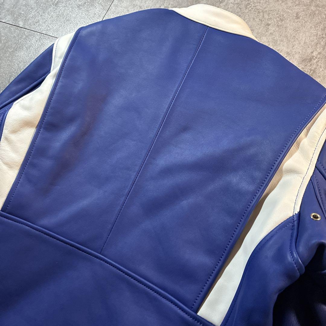 未使用級 美品 FREEDOM レザージャケット 36 ブルー×ホワイト 本革