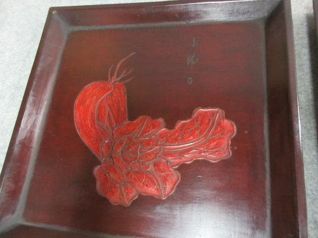 讃岐 手彫り 角盆 5枚 [B23519] 絵変り 両峰山人刀 讃岐木地漆