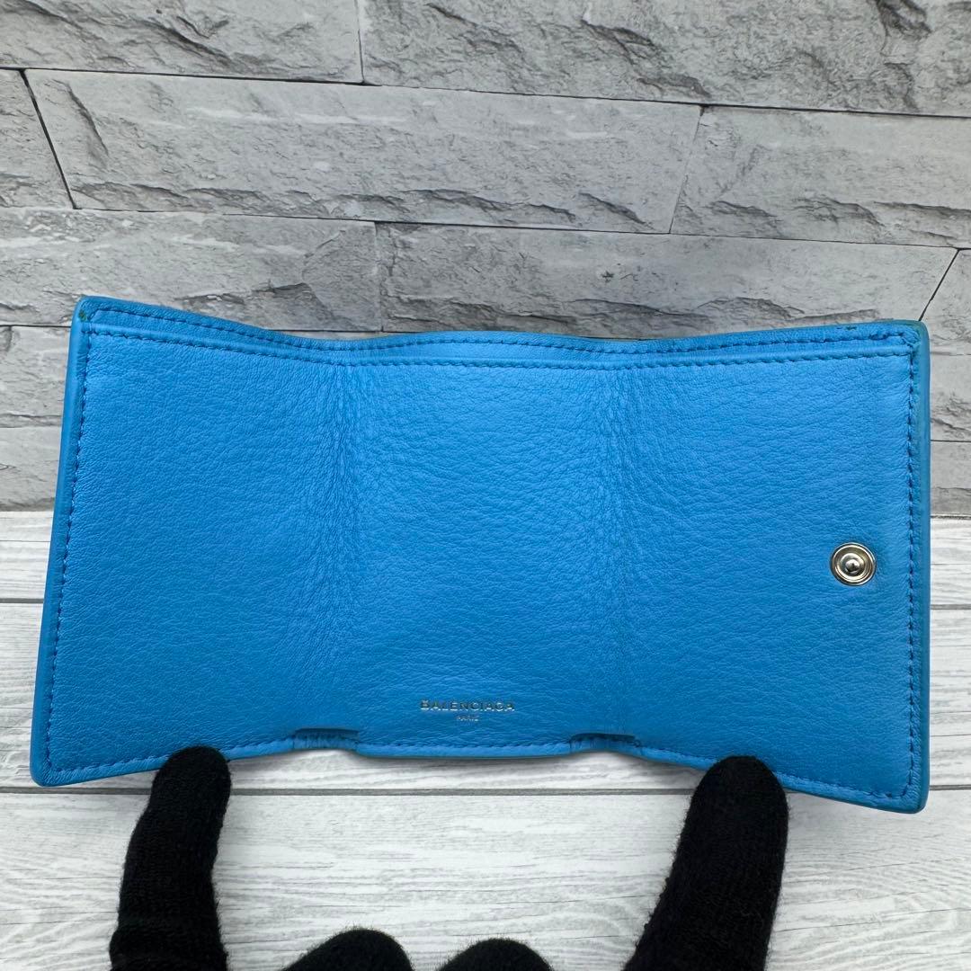 【極美品】バレンシアガ 三つ折財布 ペーパーミニウォレット　レザー　ブルー