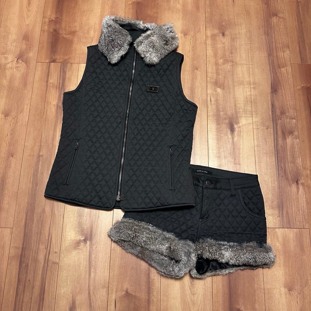 中綿　ラビットファー　キルティング　ベスト　パンツ　セットアップ　S 秋冬