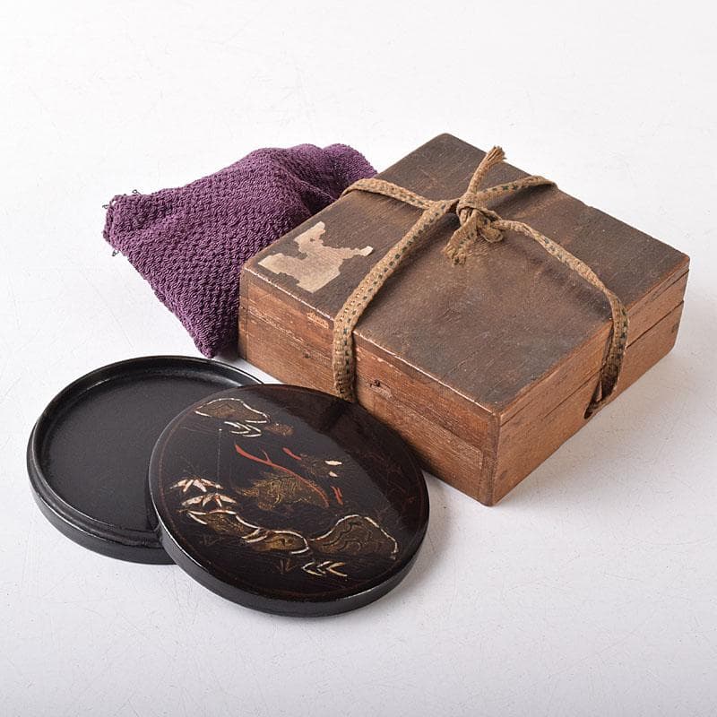 韓国漆　黒漆　螺鈿装飾　圓式香合　時代箱付　V　Ｒ8301