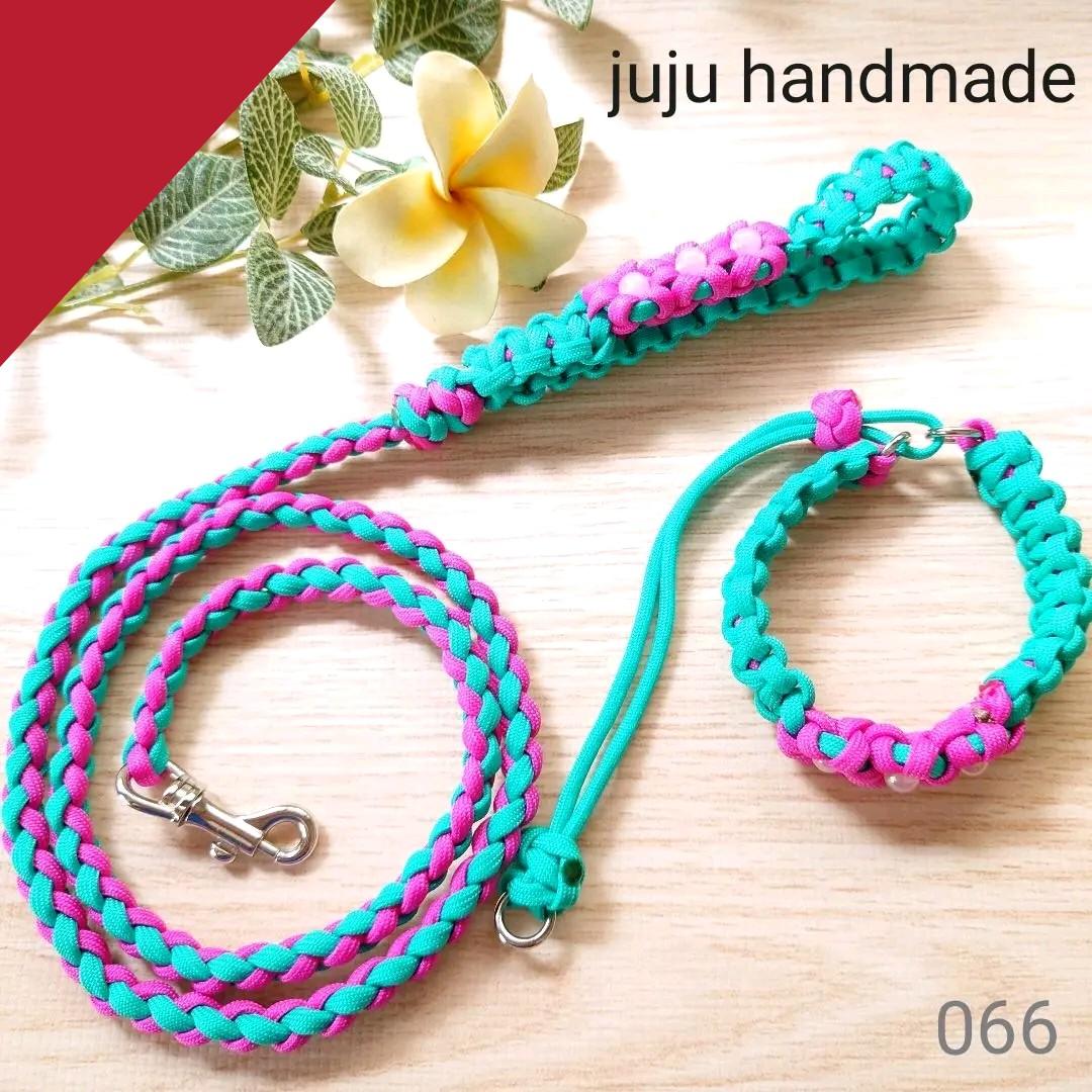 パラコードリード＆首輪　ハーフチョーク　ピンクフラワー　№066