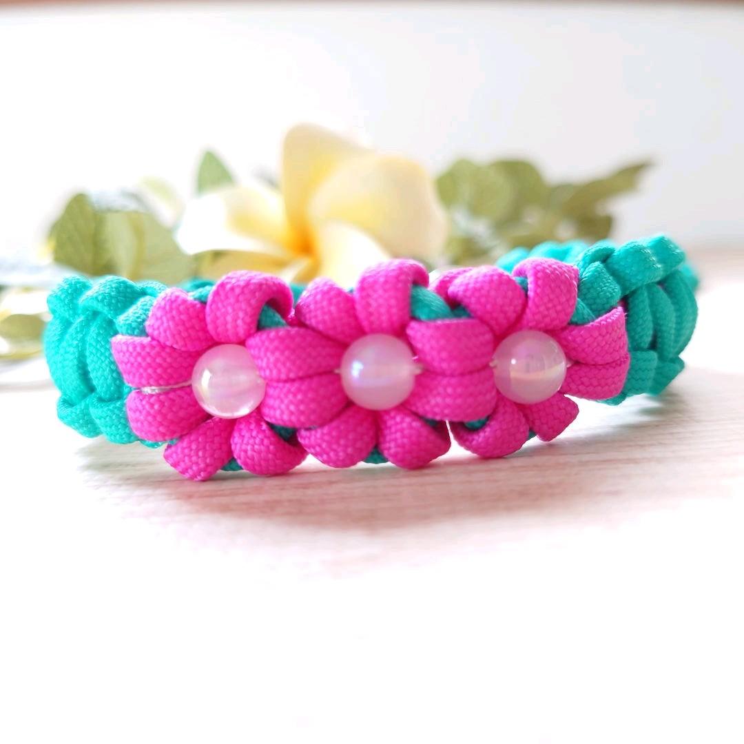 パラコードリード＆首輪　ハーフチョーク　ピンクフラワー　№066