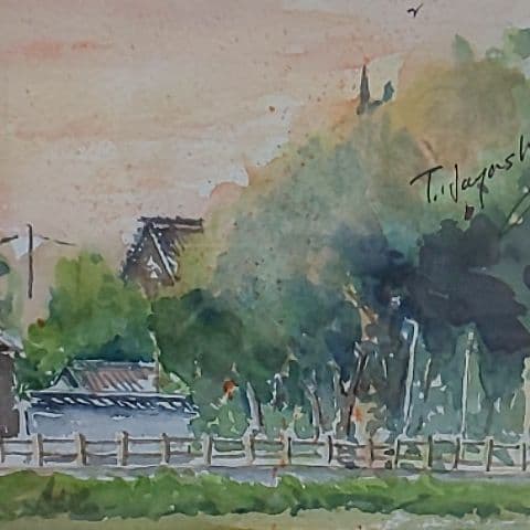 水彩画　仏生山法然寺　夕暮れ