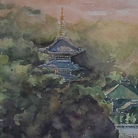水彩画　仏生山法然寺　夕暮れ