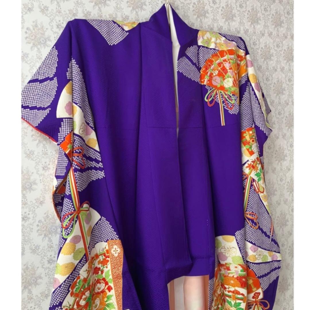 【扇柄 牡丹柄 熨斗目 】ムラサキ 振袖 豪華