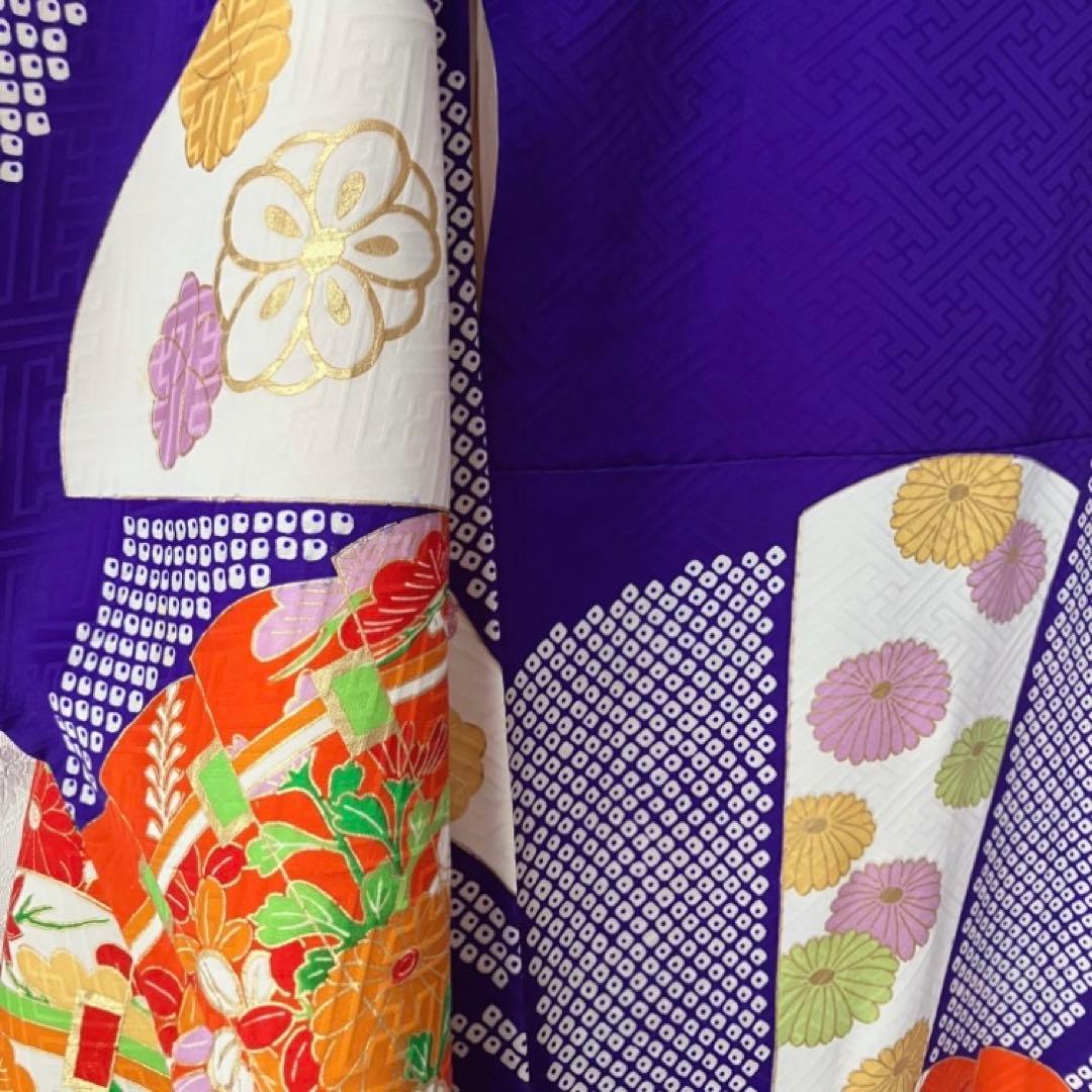 【扇柄 牡丹柄 熨斗目 】ムラサキ 振袖 豪華