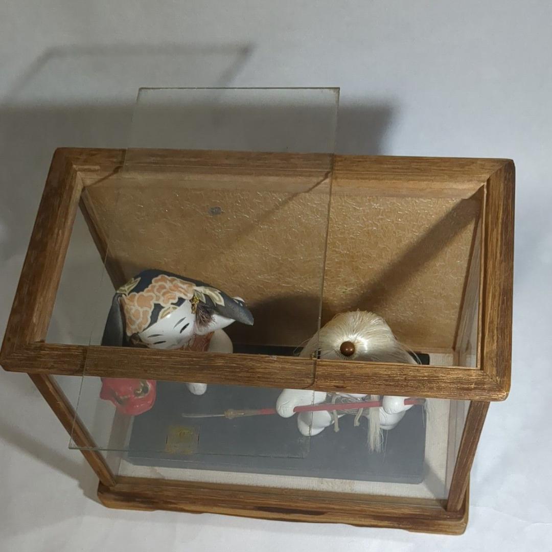 加賀人形 伝統工芸 獅子舞と薙刀 男童 ガラスケース付 昭和レトロ 旧家保管品