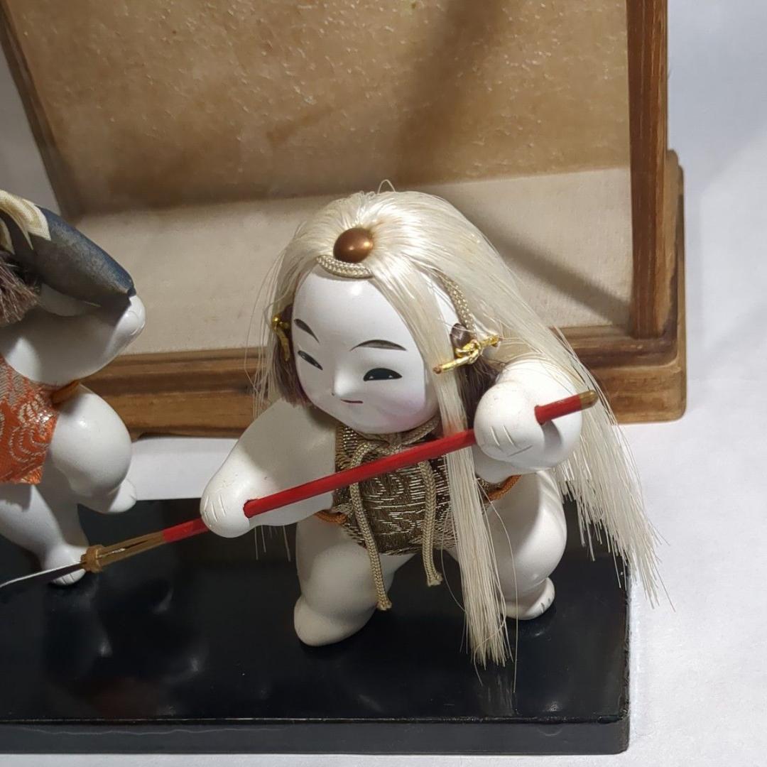 加賀人形 伝統工芸 獅子舞と薙刀 男童 ガラスケース付 昭和レトロ 旧家保管品