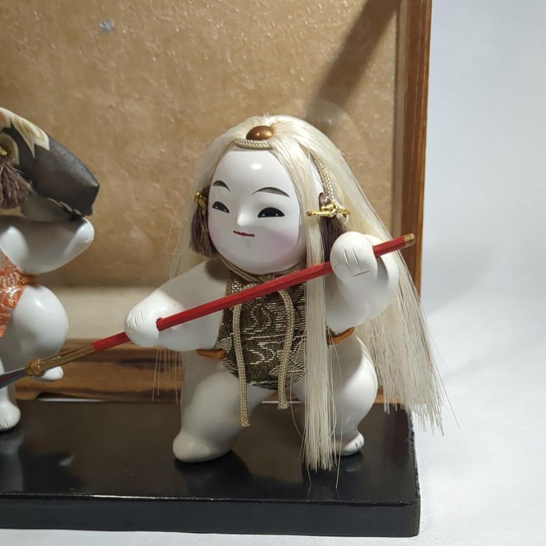 加賀人形 伝統工芸 獅子舞と薙刀 男童 ガラスケース付 昭和レトロ 旧家保管品